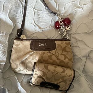 Coach Beige and Brown Signature Wristlet with Matching Wallet